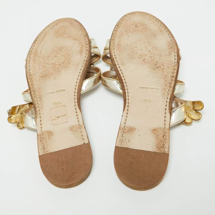 Pre Owned Miu Miu Metallic Leather and Glitter Crystals Embellished Flat Slides Size 36.5