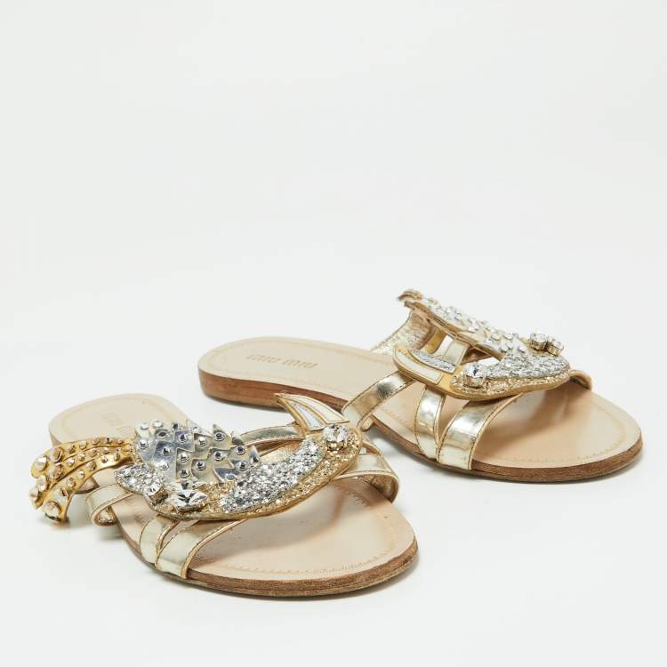 Pre Owned Miu Miu Metallic Leather and Glitter Crystals Embellished Flat Slides Size 36.5