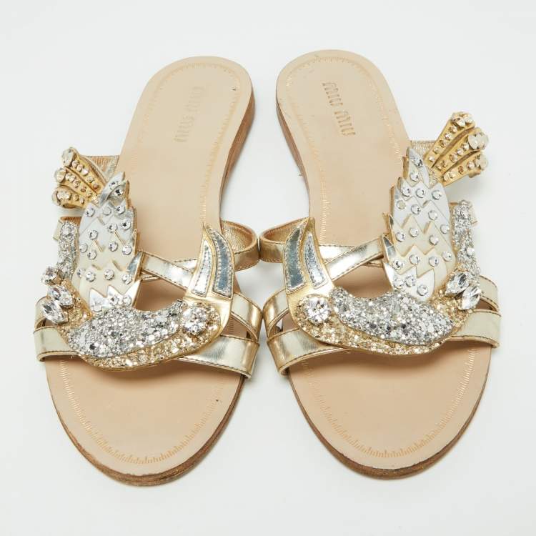 Pre Owned Miu Miu Metallic Leather and Glitter Crystals Embellished Flat Slides Size 36.5