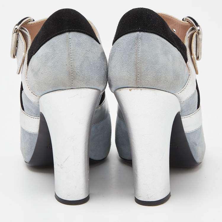 Pre Owned Miu Miu Tri Color Leather and Suede Bow Peep Toe Pumps Size 38