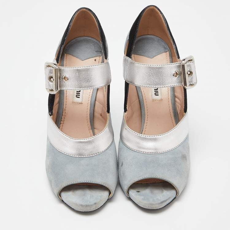 Pre Owned Miu Miu Tri Color Leather and Suede Bow Peep Toe Pumps Size 38