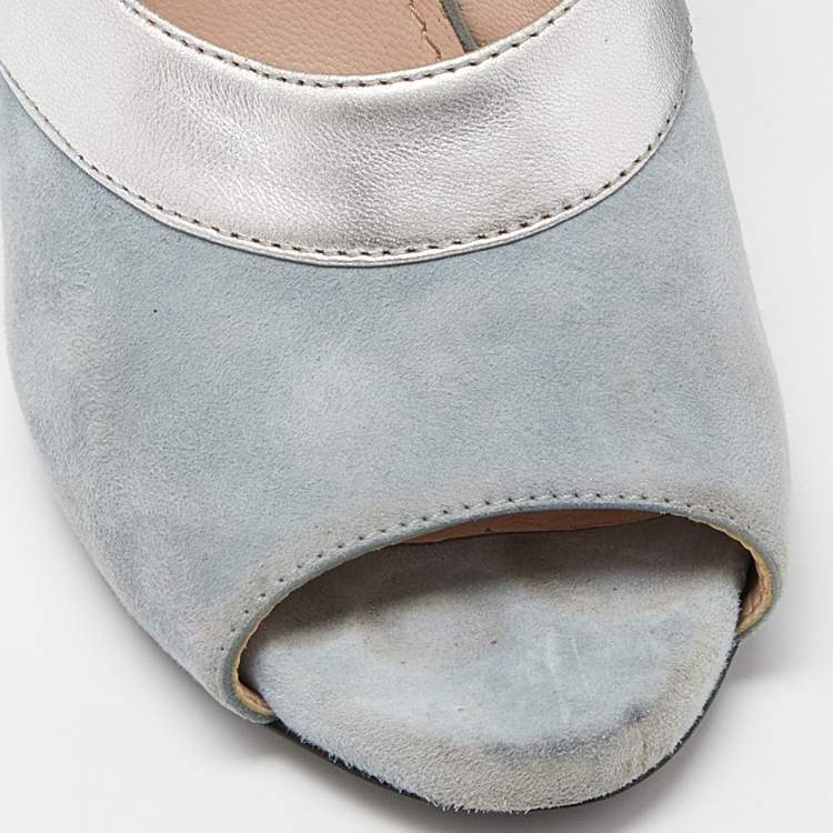 Pre Owned Miu Miu Tri Color Leather and Suede Bow Peep Toe Pumps Size 38