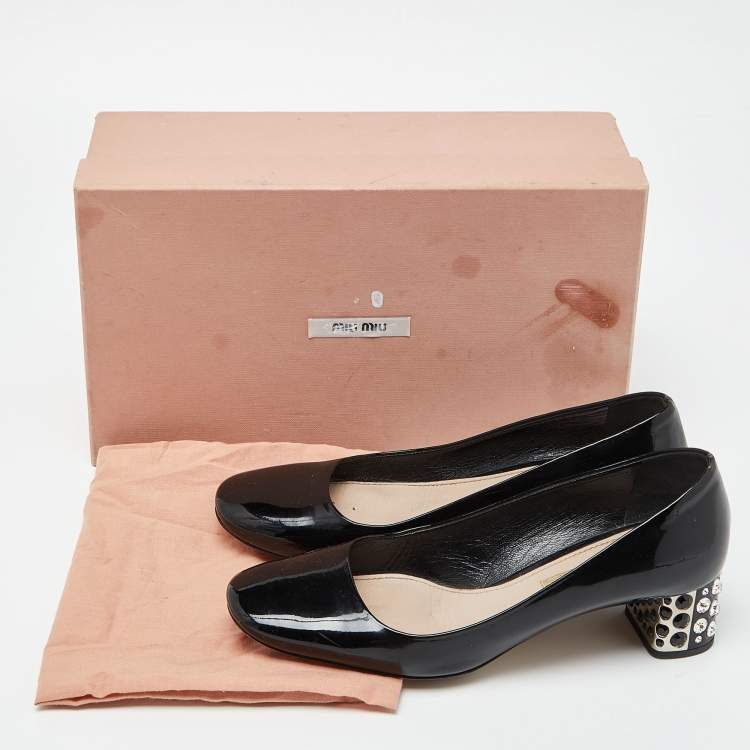 Pre Owned Miu Miu Black Patent Leather Crystal Embellished Block Heel Pumps Size 36.5