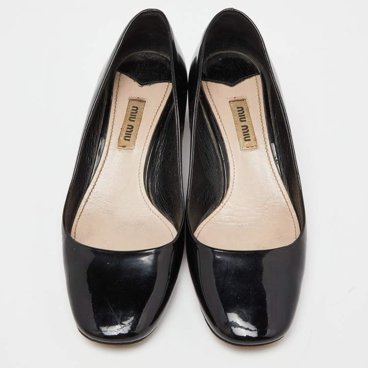 Pre Owned Miu Miu Black Patent Leather Crystal Embellished Block Heel Pumps Size 36.5