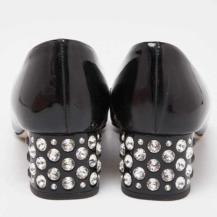 Pre Owned Miu Miu Black Patent Leather Crystal Embellished Block Heel Pumps Size 36.5