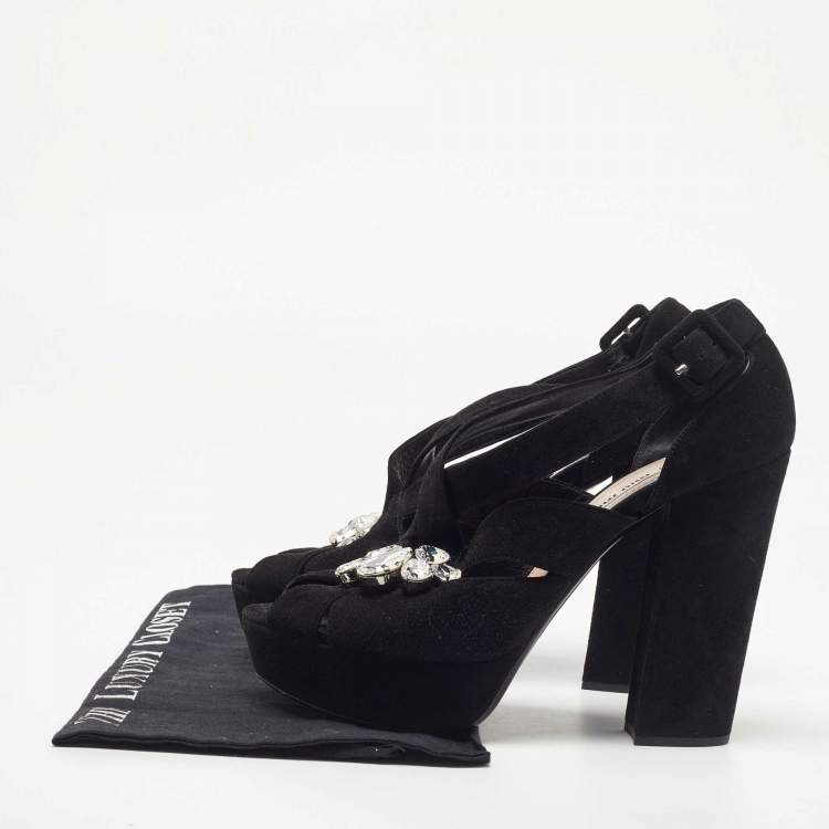 Pre Owned Miu Miu Black Suede Crystal Embellished Platform Sandals Size 40