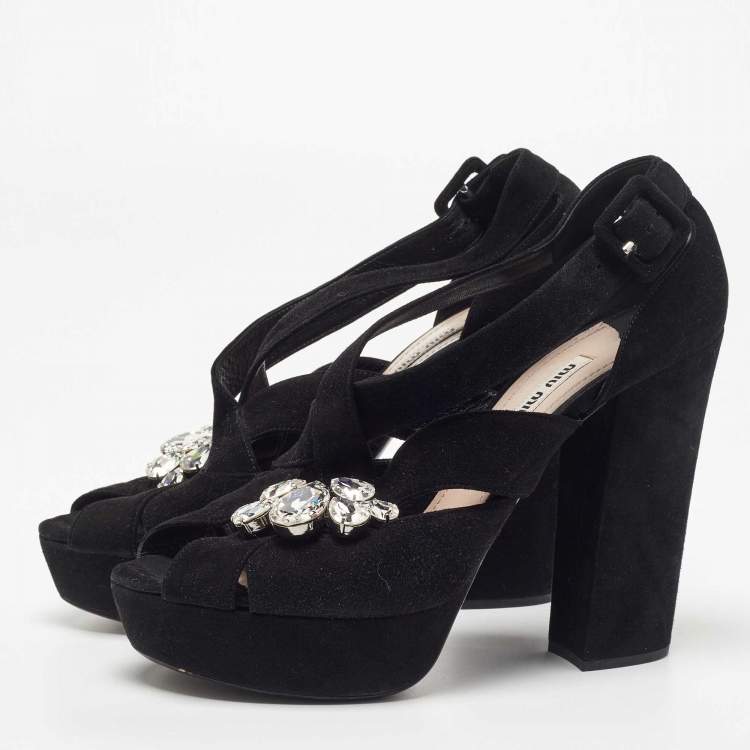 Pre Owned Miu Miu Black Suede Crystal Embellished Platform Sandals Size 40