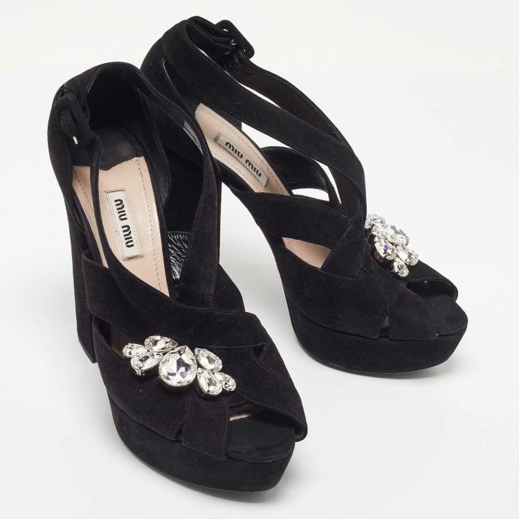 Pre Owned Miu Miu Black Suede Crystal Embellished Platform Sandals Size 40