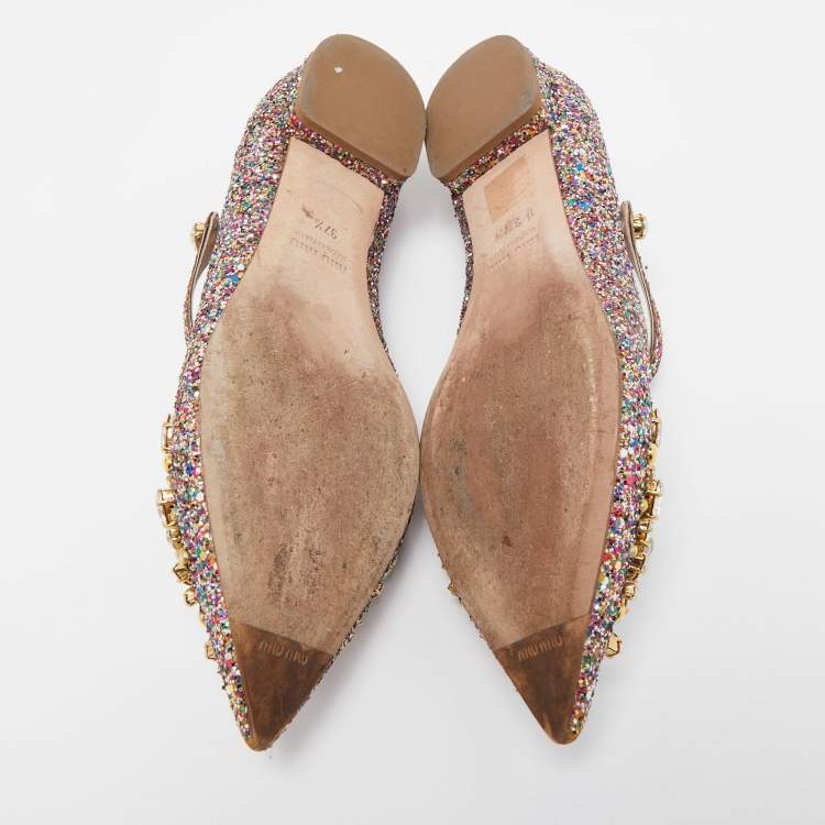 Pre Owned Miu Miu Multicolor Coarse Glitter Crystal Embellished Mary Jane Ballet Flats Size 37.5