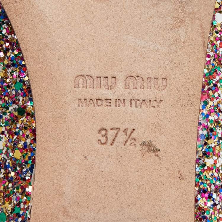 Pre Owned Miu Miu Multicolor Coarse Glitter Crystal Embellished Mary Jane Ballet Flats Size 37.5
