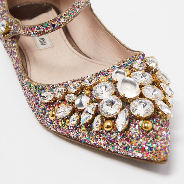 Pre Owned Miu Miu Multicolor Coarse Glitter Crystal Embellished Mary Jane Ballet Flats Size 37.5