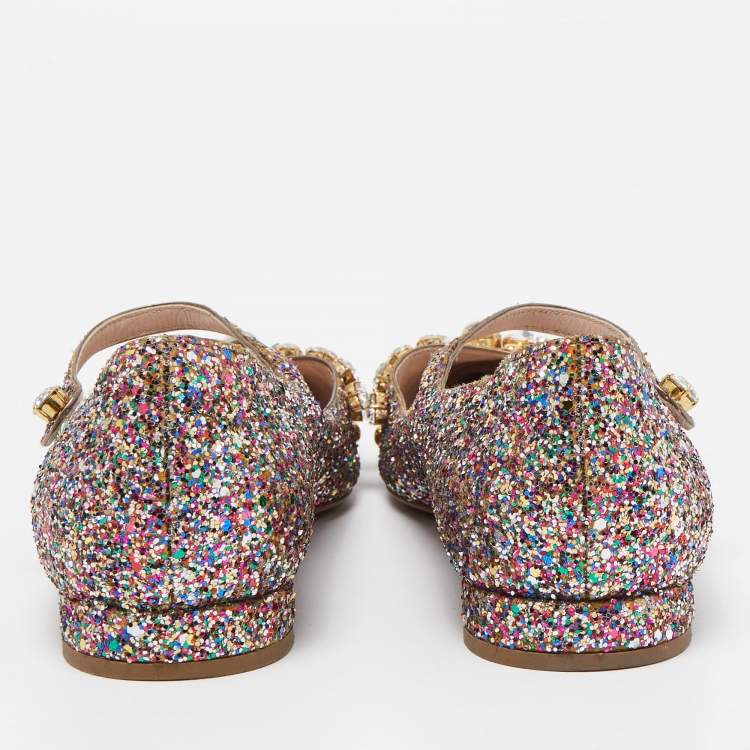 Pre Owned Miu Miu Multicolor Coarse Glitter Crystal Embellished Mary Jane Ballet Flats Size 37.5