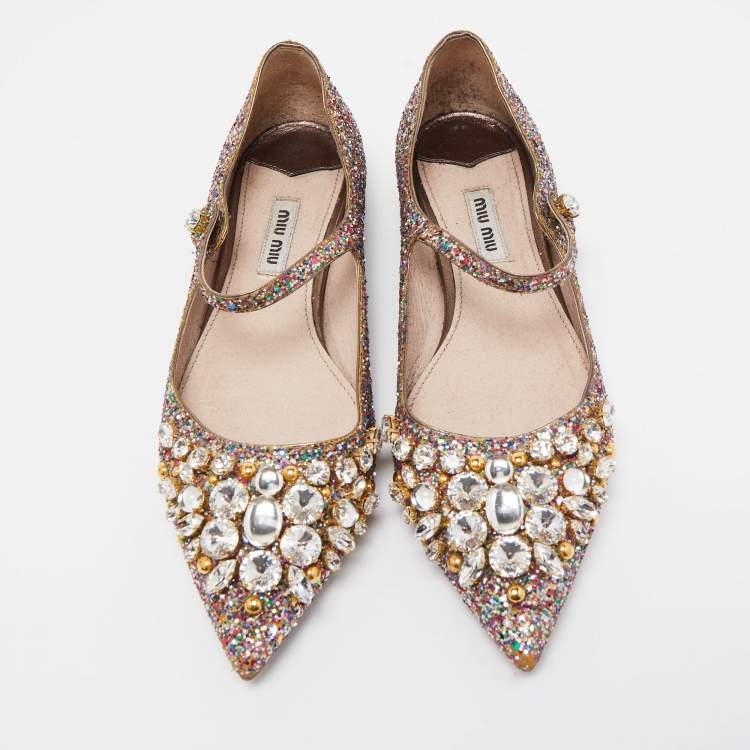 Pre Owned Miu Miu Multicolor Coarse Glitter Crystal Embellished Mary Jane Ballet Flats Size 37.5