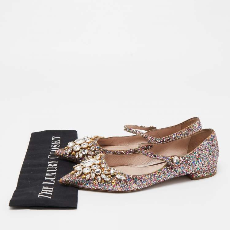 Pre Owned Miu Miu Multicolor Coarse Glitter Crystal Embellished Mary Jane Ballet Flats Size 37.5