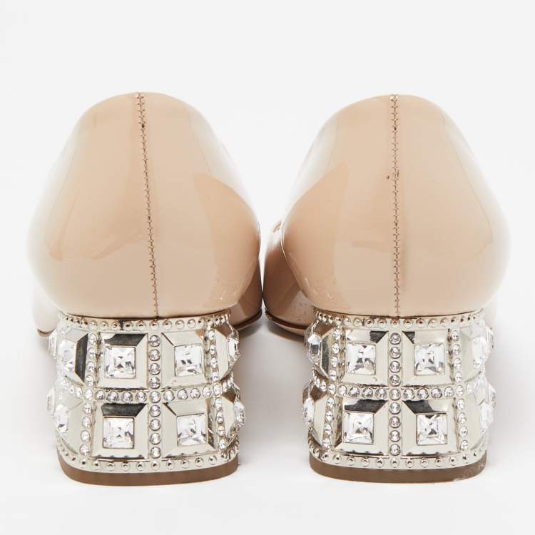 Pre Owned Miu Miu Beige Patent Leather Crystal Embellished Block Heel Pumps Size 37.5