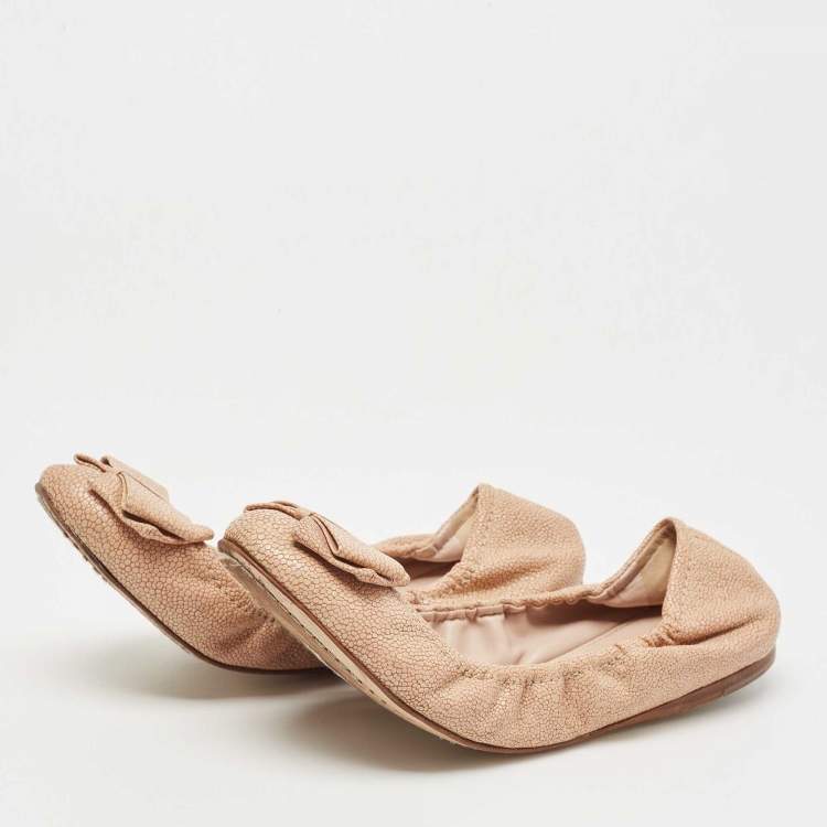 Pre Owned Miu Miu Beige Texture Leather Scrunch Bow Ballet Flats Size 39.5