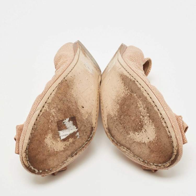 Pre Owned Miu Miu Beige Texture Leather Scrunch Bow Ballet Flats Size 39.5
