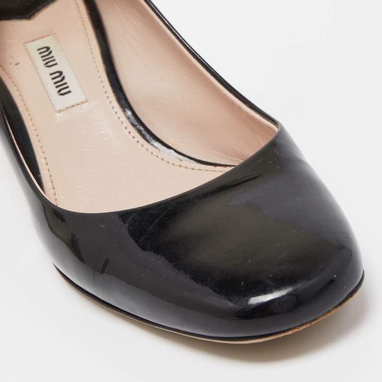 Pre Owned Miu Miu Black Patent Leather Crystal Embellished Block Heel Pumps Size 37