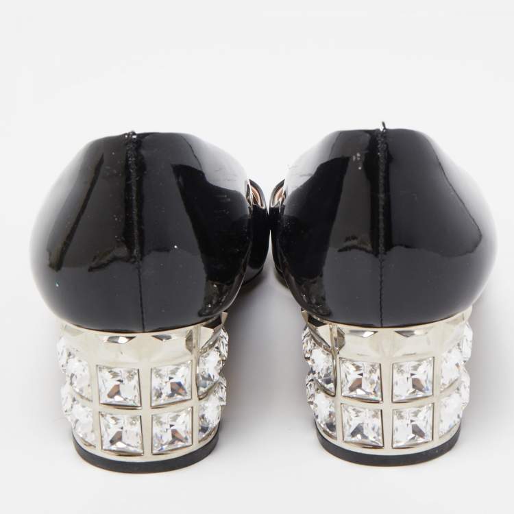 Pre Owned Miu Miu Black Patent Leather Crystal Embellished Block Heel Pumps Size 37