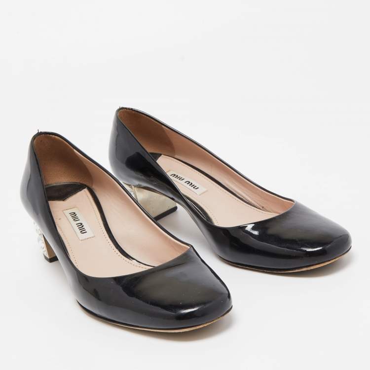 Pre Owned Miu Miu Black Patent Leather Crystal Embellished Block Heel Pumps Size 37