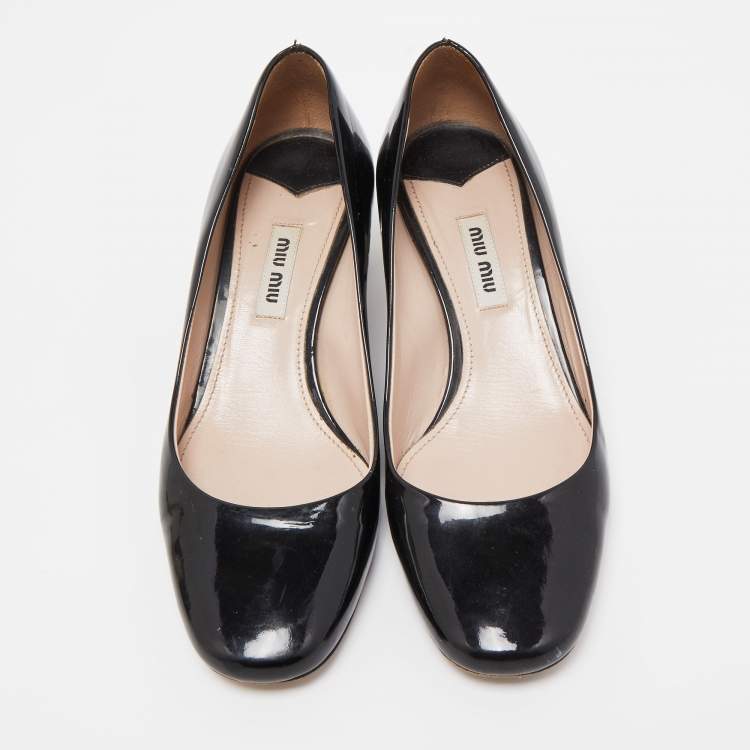 Pre Owned Miu Miu Black Patent Leather Crystal Embellished Block Heel Pumps Size 37