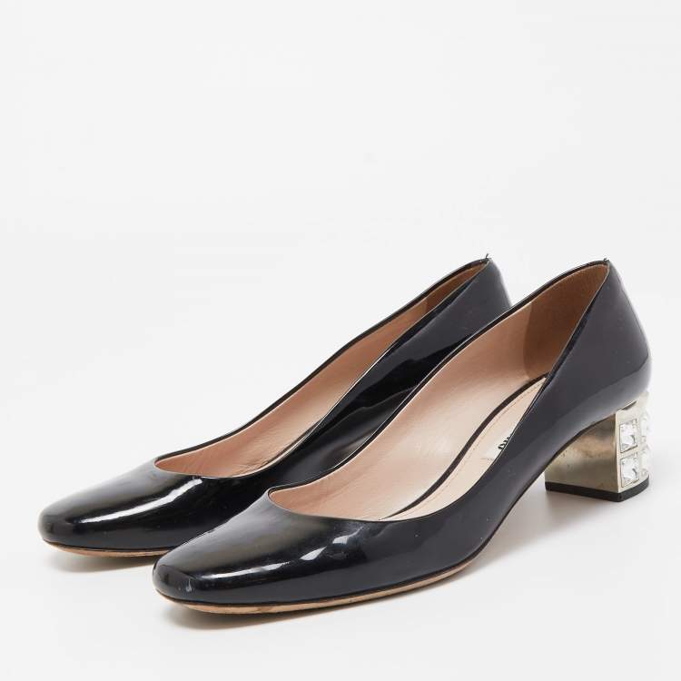 Pre Owned Miu Miu Black Patent Leather Crystal Embellished Block Heel Pumps Size 37