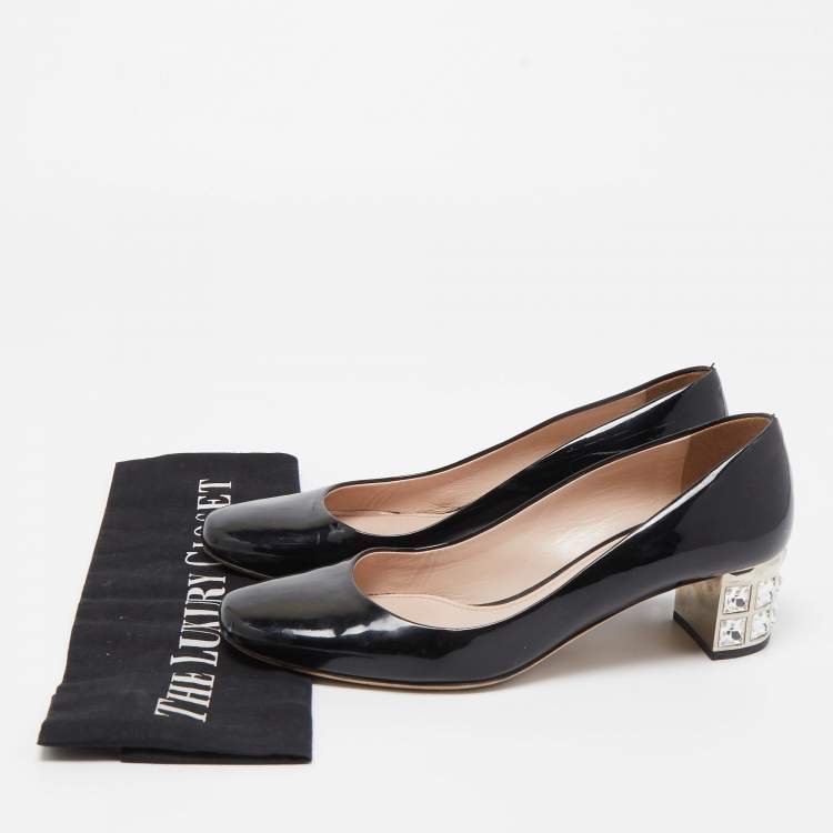 Pre Owned Miu Miu Black Patent Leather Crystal Embellished Block Heel Pumps Size 37