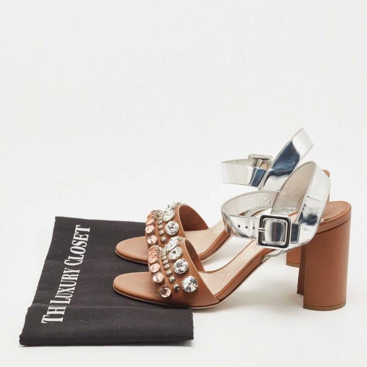 Pre Owned Miu Miu Brown/Silver Leather Crystal Embellished Ankle Strap Sandals Size 37