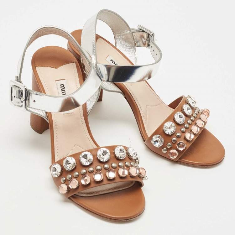 Pre Owned Miu Miu Brown/Silver Leather Crystal Embellished Ankle Strap Sandals Size 37