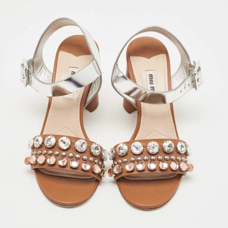 Pre Owned Miu Miu Brown/Silver Leather Crystal Embellished Ankle Strap Sandals Size 37