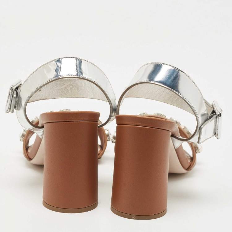Pre Owned Miu Miu Brown/Silver Leather Crystal Embellished Ankle Strap Sandals Size 37