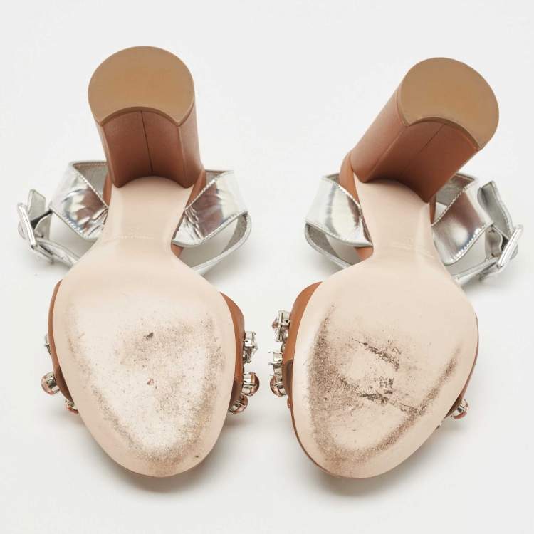 Pre Owned Miu Miu Brown/Silver Leather Crystal Embellished Ankle Strap Sandals Size 37