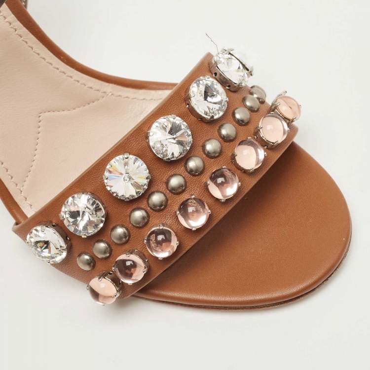 Pre Owned Miu Miu Brown/Silver Leather Crystal Embellished Ankle Strap Sandals Size 37