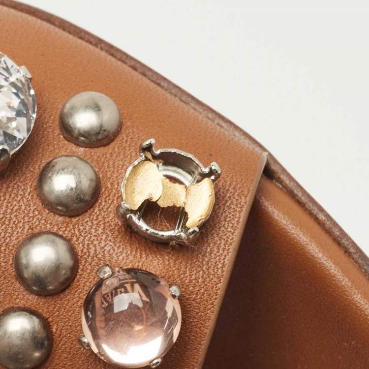 Pre Owned Miu Miu Brown/Silver Leather Crystal Embellished Ankle Strap Sandals Size 37