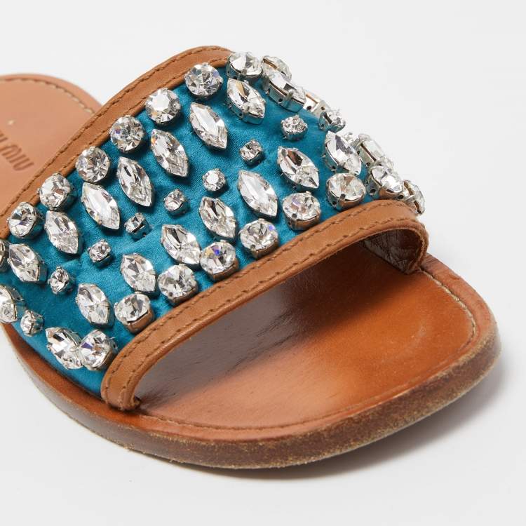 Pre Owned Miu Miu Blue/Brown Satin and Leather Crystal Embellished Flat Slides Size 37.5