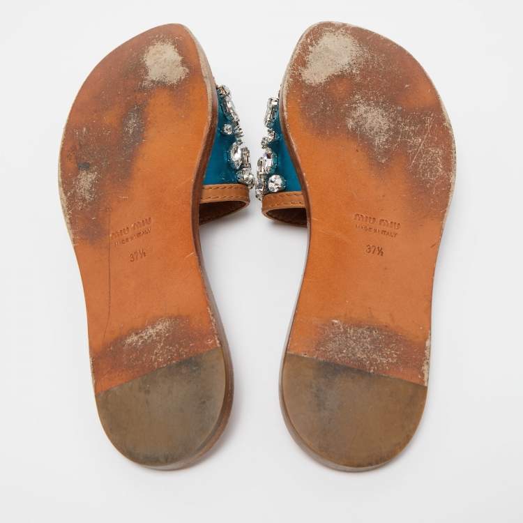Pre Owned Miu Miu Blue/Brown Satin and Leather Crystal Embellished Flat Slides Size 37.5