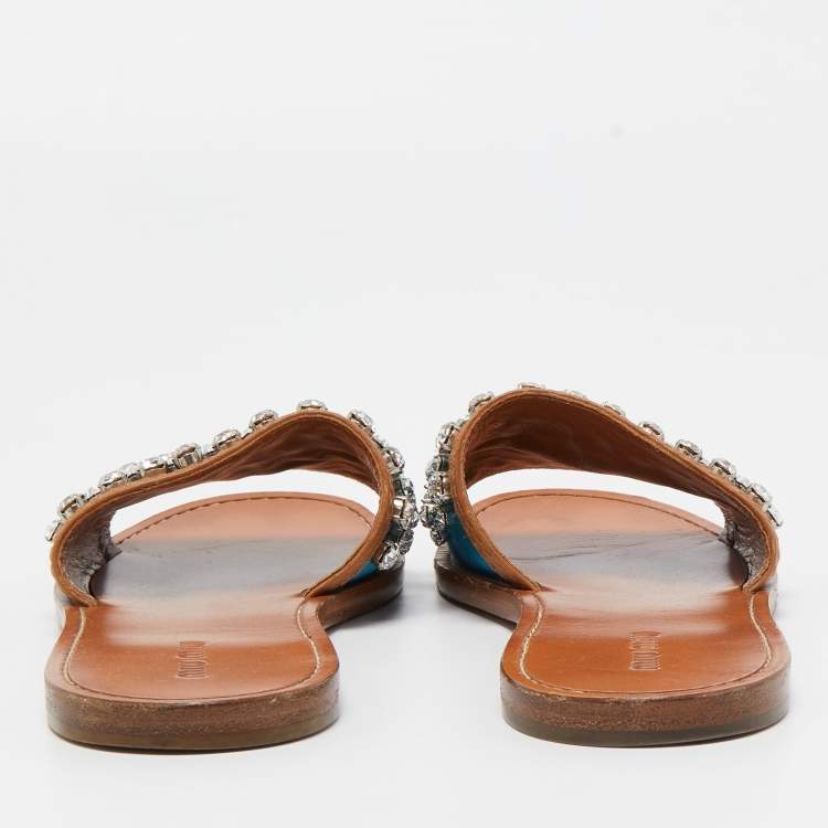 Pre Owned Miu Miu Blue/Brown Satin and Leather Crystal Embellished Flat Slides Size 37.5