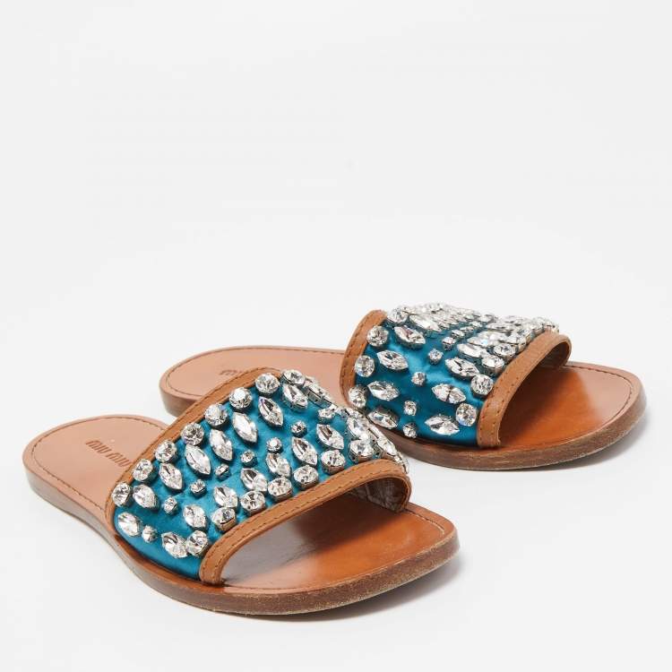 Pre Owned Miu Miu Blue/Brown Satin and Leather Crystal Embellished Flat Slides Size 37.5
