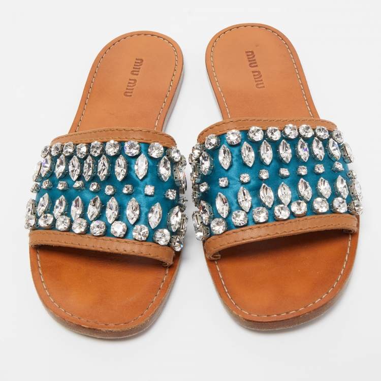 Pre Owned Miu Miu Blue/Brown Satin and Leather Crystal Embellished Flat Slides Size 37.5