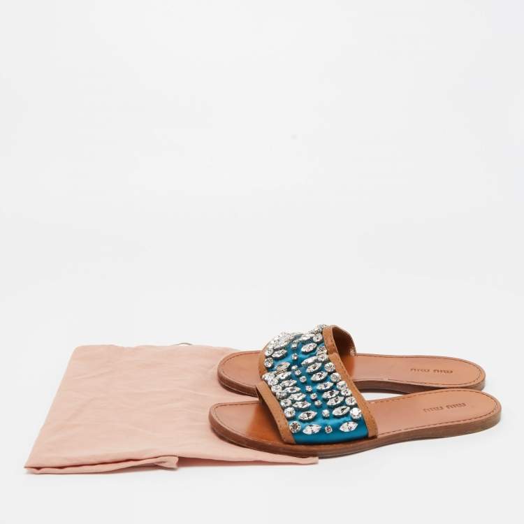 Pre Owned Miu Miu Blue/Brown Satin and Leather Crystal Embellished Flat Slides Size 37.5