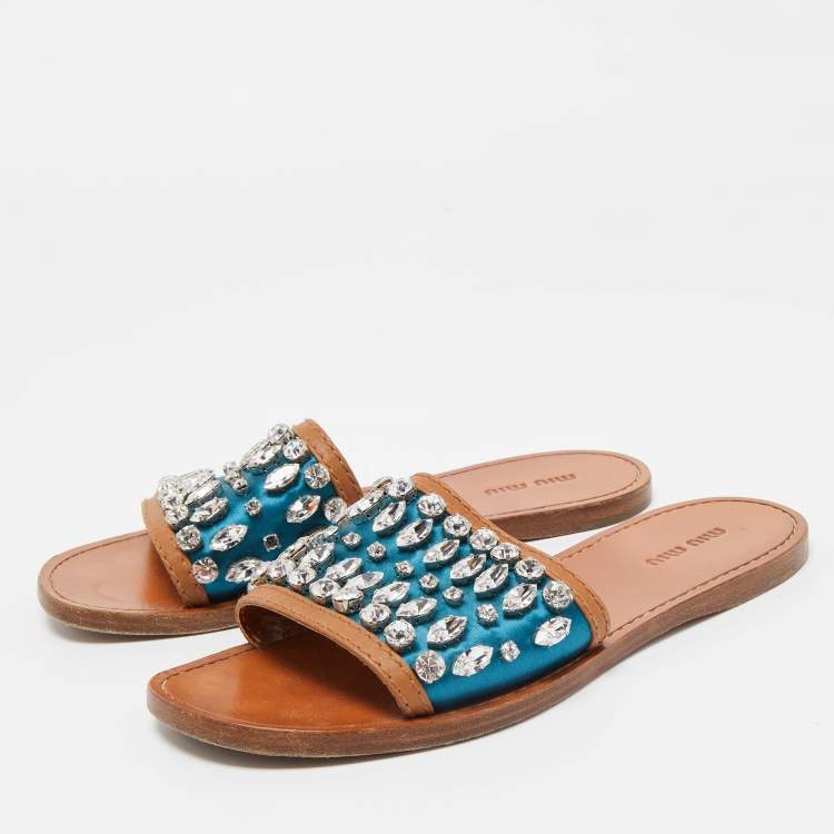 Pre Owned Miu Miu Blue/Brown Satin and Leather Crystal Embellished Flat Slides Size 37.5