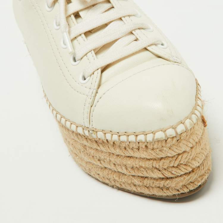 Pre Owned Miu Miu Off White Leather Espadrille Platform Sneakers Size 36