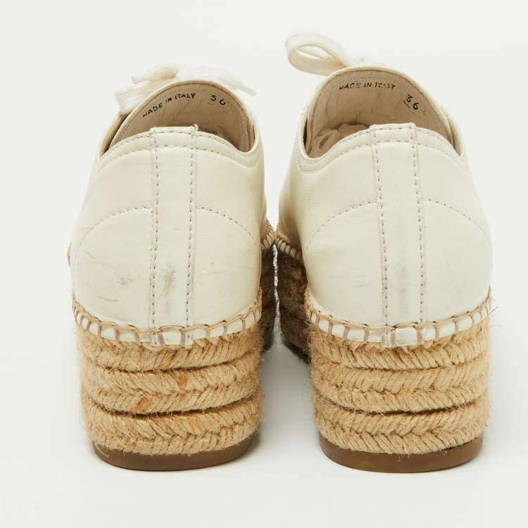 Pre Owned Miu Miu Off White Leather Espadrille Platform Sneakers Size 36
