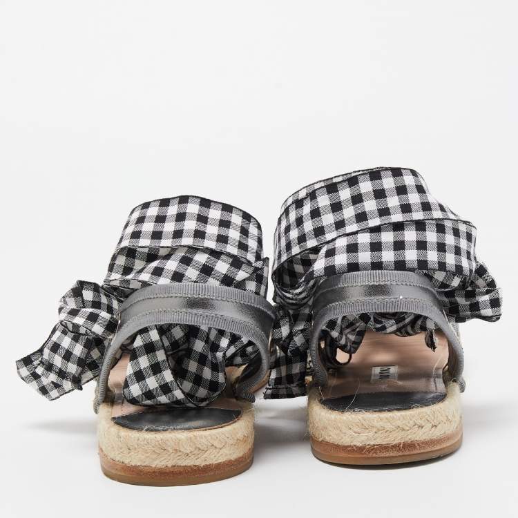 Pre Owned Miu Miu Metallic Grey Leather Crystal Embellished Espadrille Ankle Strap Flat Sandals Size 40
