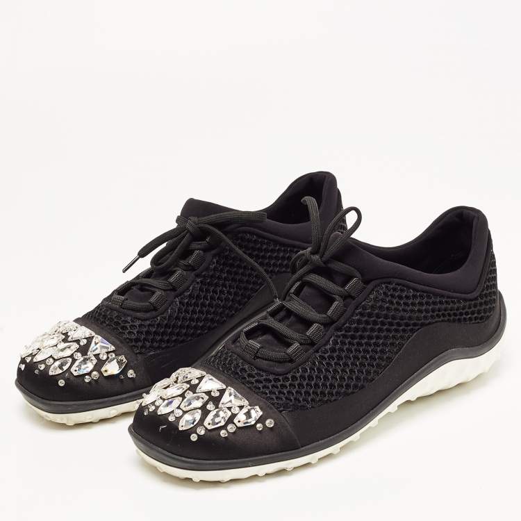 Pre Owned Miu Miu Black Satin and Mesh Crystal Embellished Lace Up Sneakers Size 40