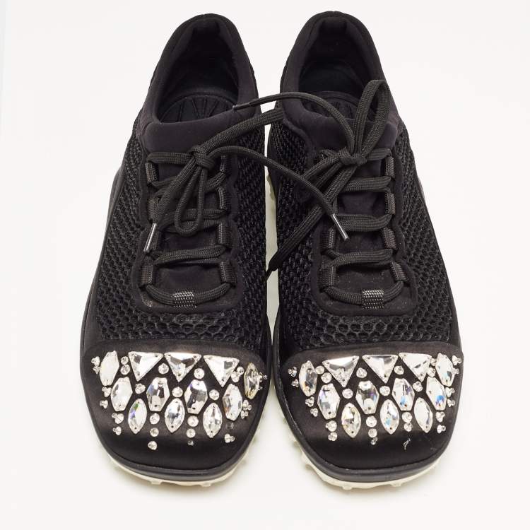 Pre Owned Miu Miu Black Satin and Mesh Crystal Embellished Lace Up Sneakers Size 40