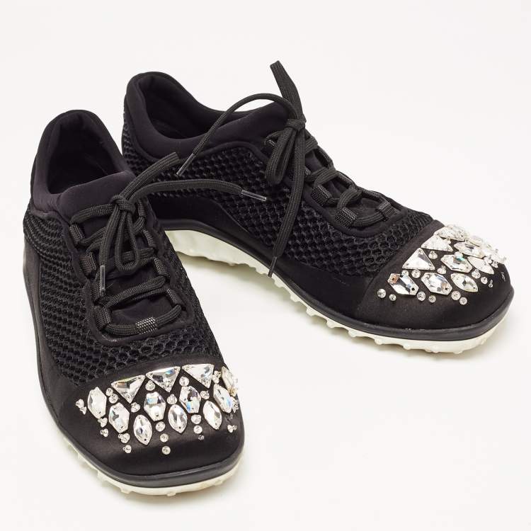 Pre Owned Miu Miu Black Satin and Mesh Crystal Embellished Lace Up Sneakers Size 40