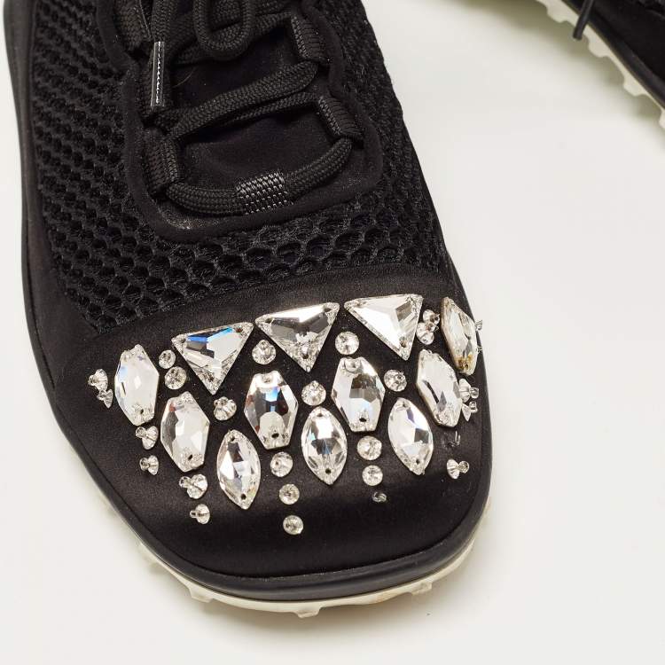 Pre Owned Miu Miu Black Satin and Mesh Crystal Embellished Lace Up Sneakers Size 40