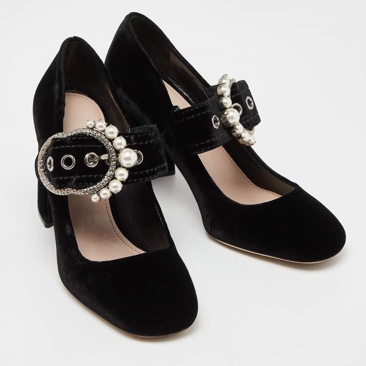 Pre Owned Miu Miu Black Velvet Pearl Embellished Mary Jane Pumps Size 38.5