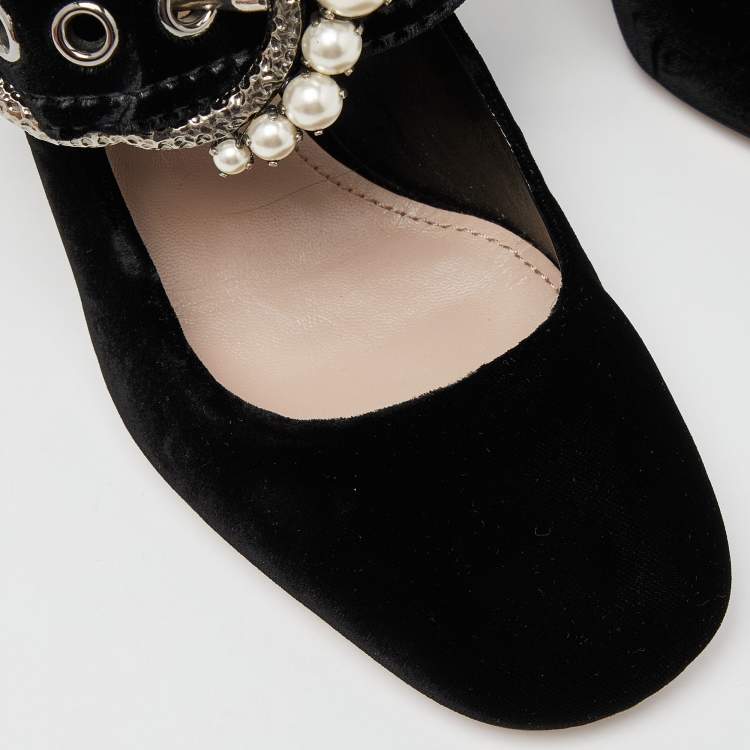 Pre Owned Miu Miu Black Velvet Pearl Embellished Mary Jane Pumps Size 38.5
